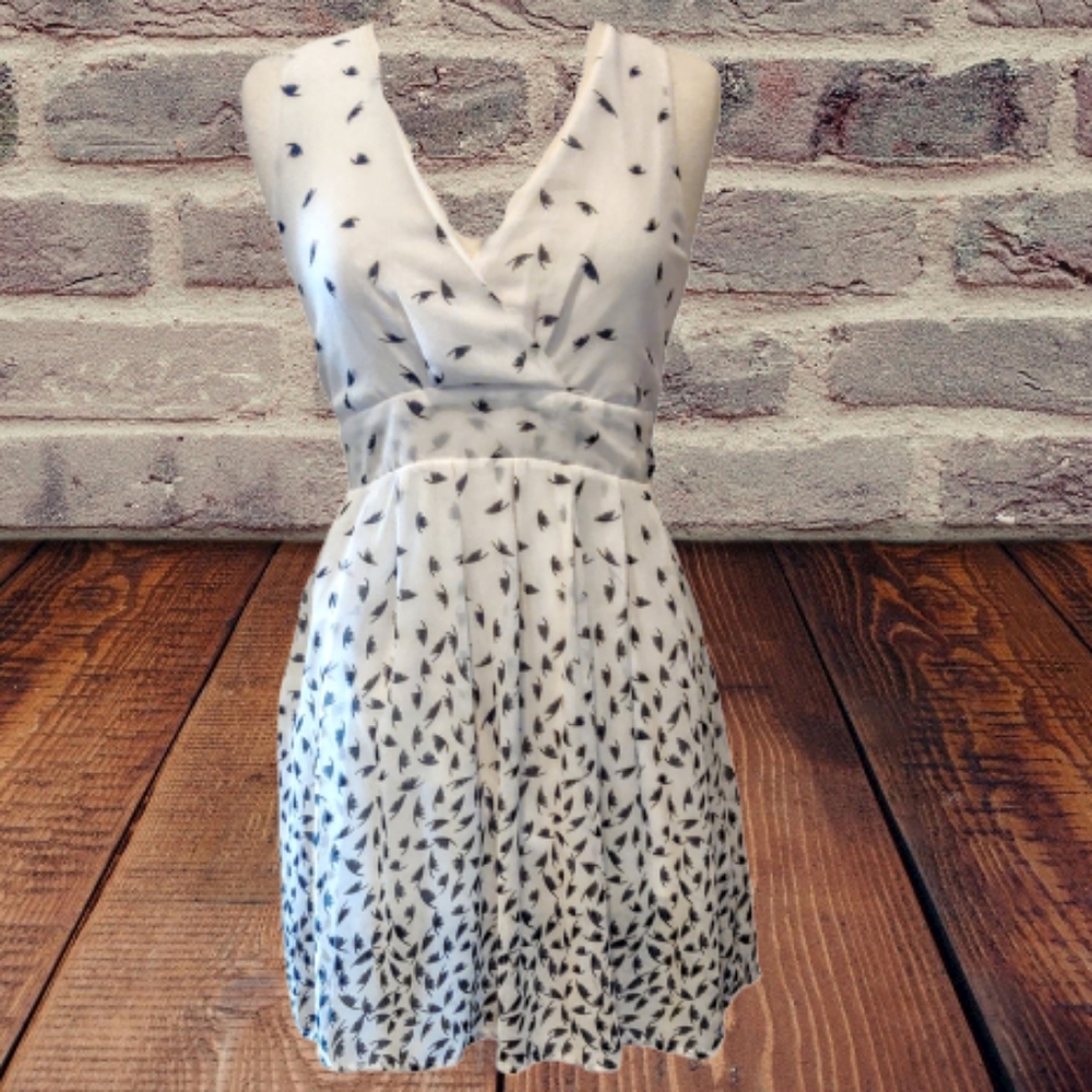 ANISA White dress with Black Feather Print NWT